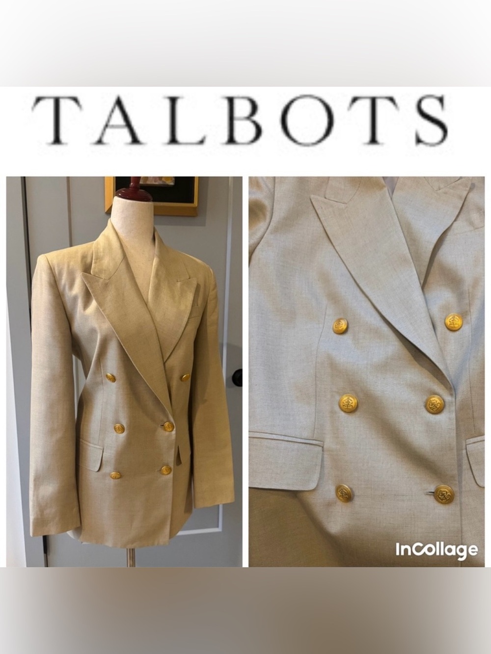 Talbots Light Tan Rayon/Linen Blend Blazer with Gold Buttons